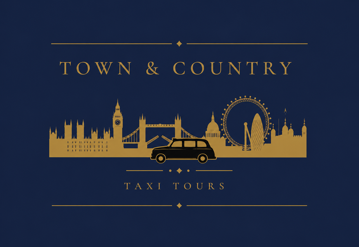 Town & Country Taxi Tours primary logo in gold on navy, with a London skyline and black cab above 'Taxi Tours'