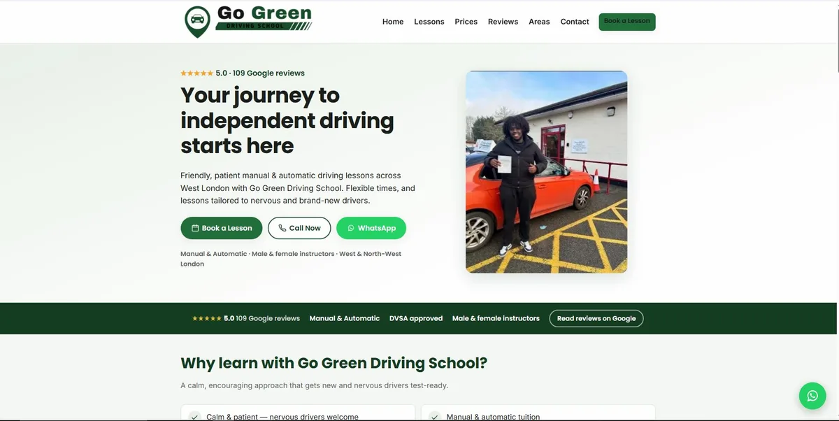 Go Green Driving School homepage hero — 'Your journey to independent driving starts here' beside a photo of a learner holding their pass certificate, with Book a Lesson, Call Now and WhatsApp buttons