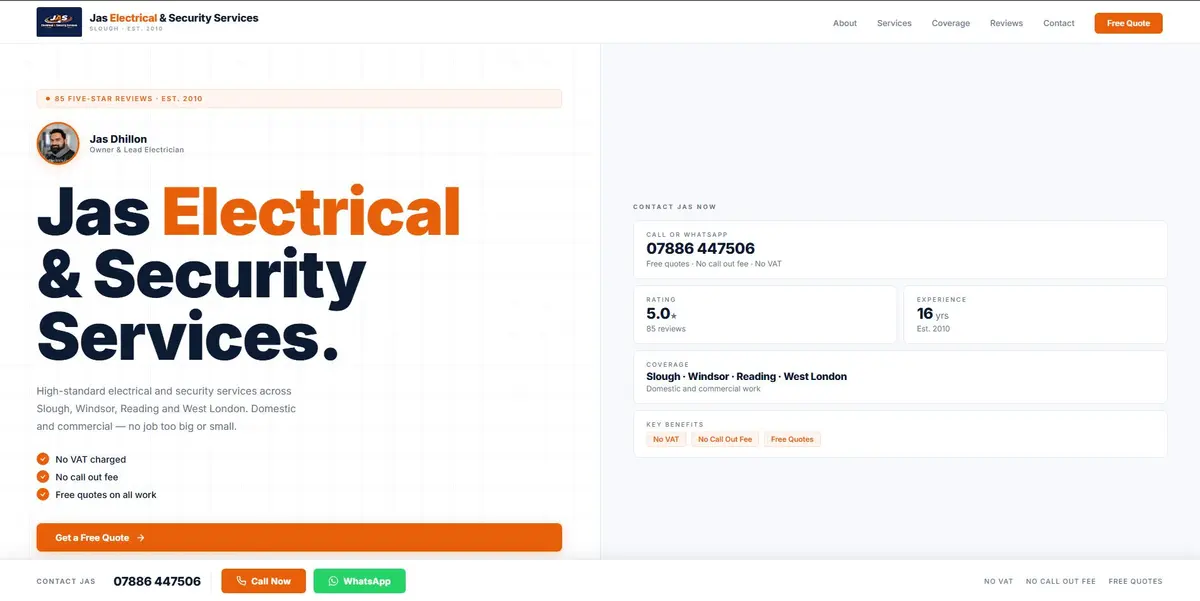 JAS Electrical & Security homepage hero with the owner's photo, key selling points and a contact panel showing a 5.0 rating
