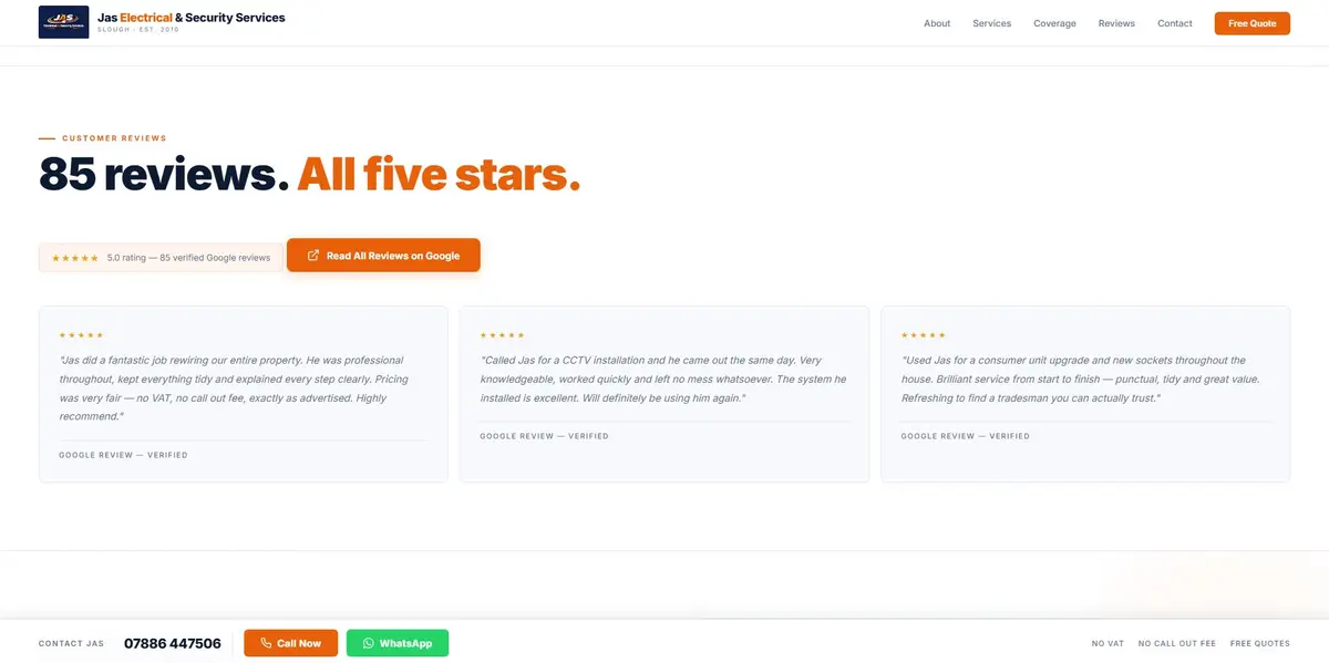 JAS Electrical & Security reviews section — '85 reviews. All five stars.' with verified Google review cards