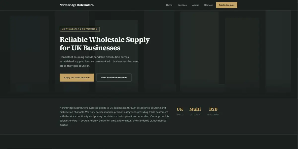 Northbridge Distributors homepage hero — 'Reliable Wholesale Supply for UK Businesses' on a dark, editorial layout