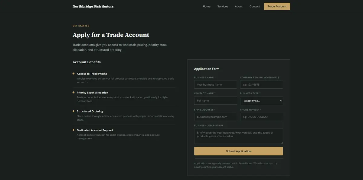 Northbridge Distributors trade account application form with business details and benefits