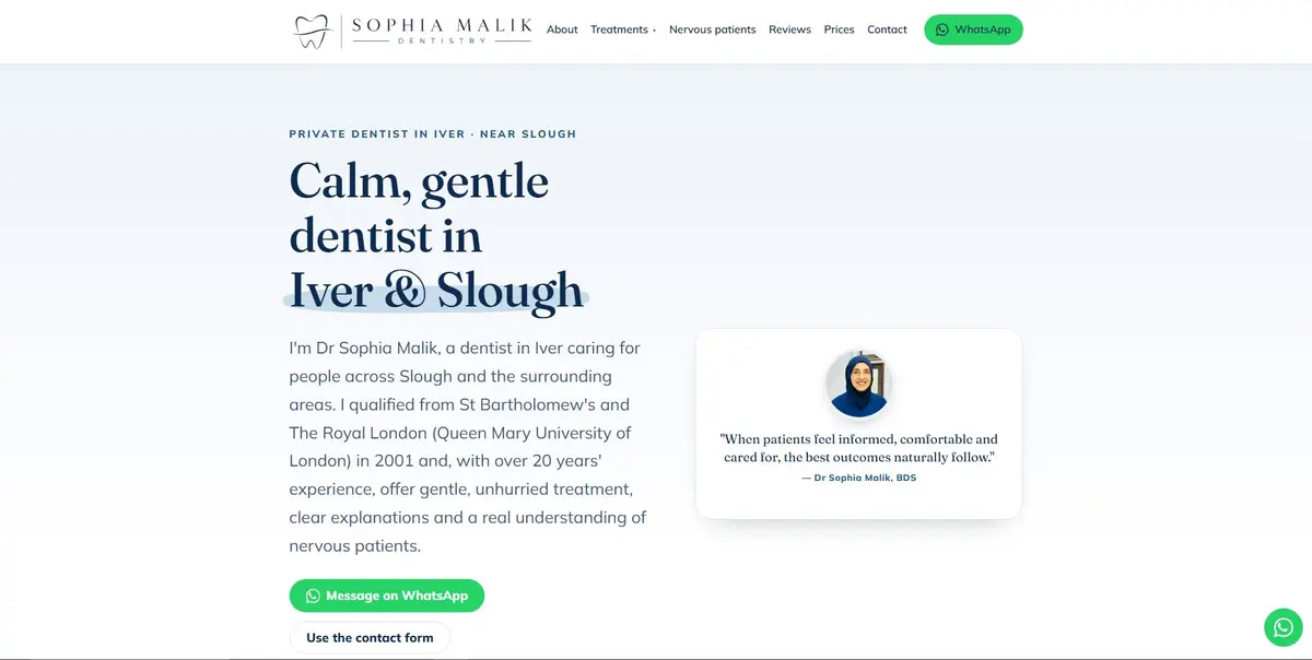 Sophia Malik Dentistry homepage hero — 'Calm, gentle dentist in Iver & Slough' headline beside a portrait and a WhatsApp call-to-action