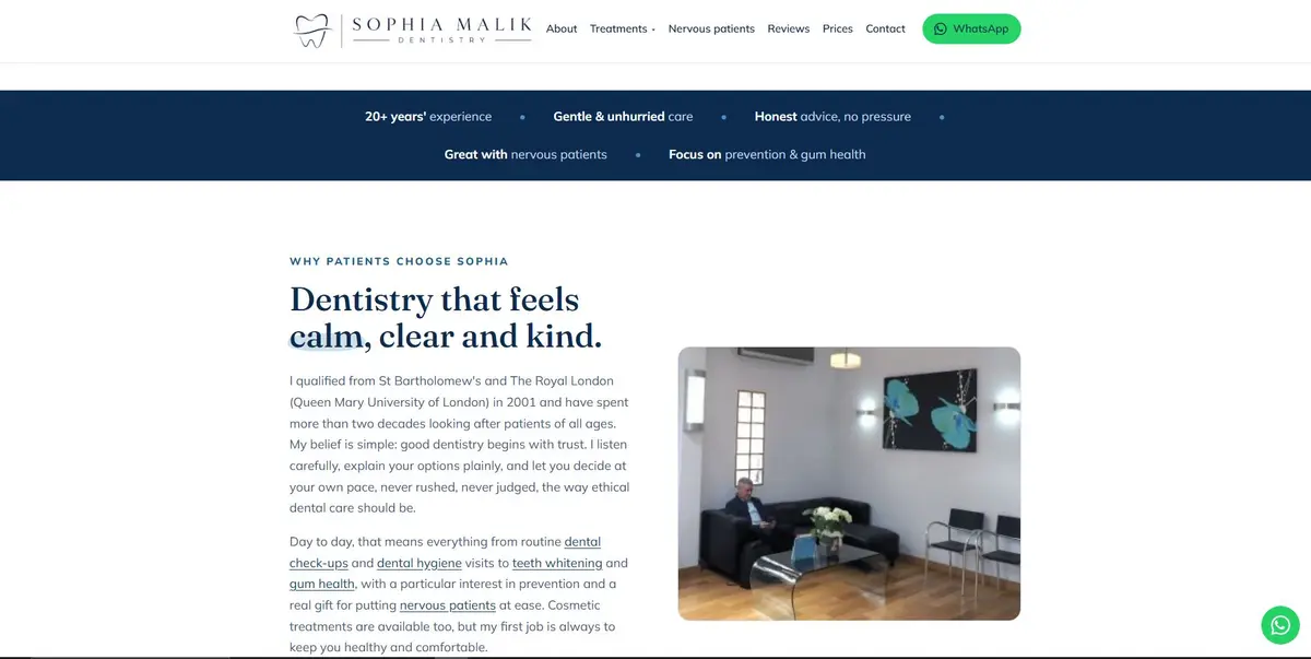 Sophia Malik Dentistry 'Why patients choose Sophia' section with a photo of the calm, modern practice waiting room