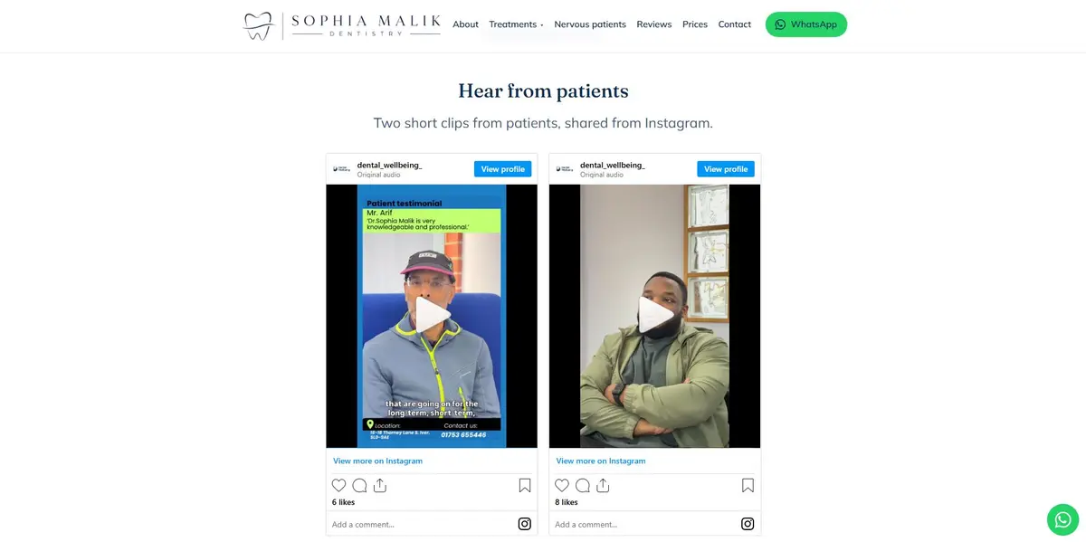 Sophia Malik Dentistry patient testimonial section with two short video clips shared from Instagram