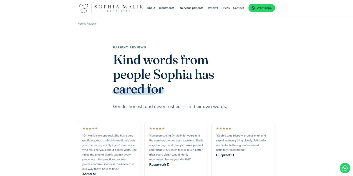 Sophia Malik Dentistry five-star patient reviews page — 'Kind words from people Sophia has cared for'