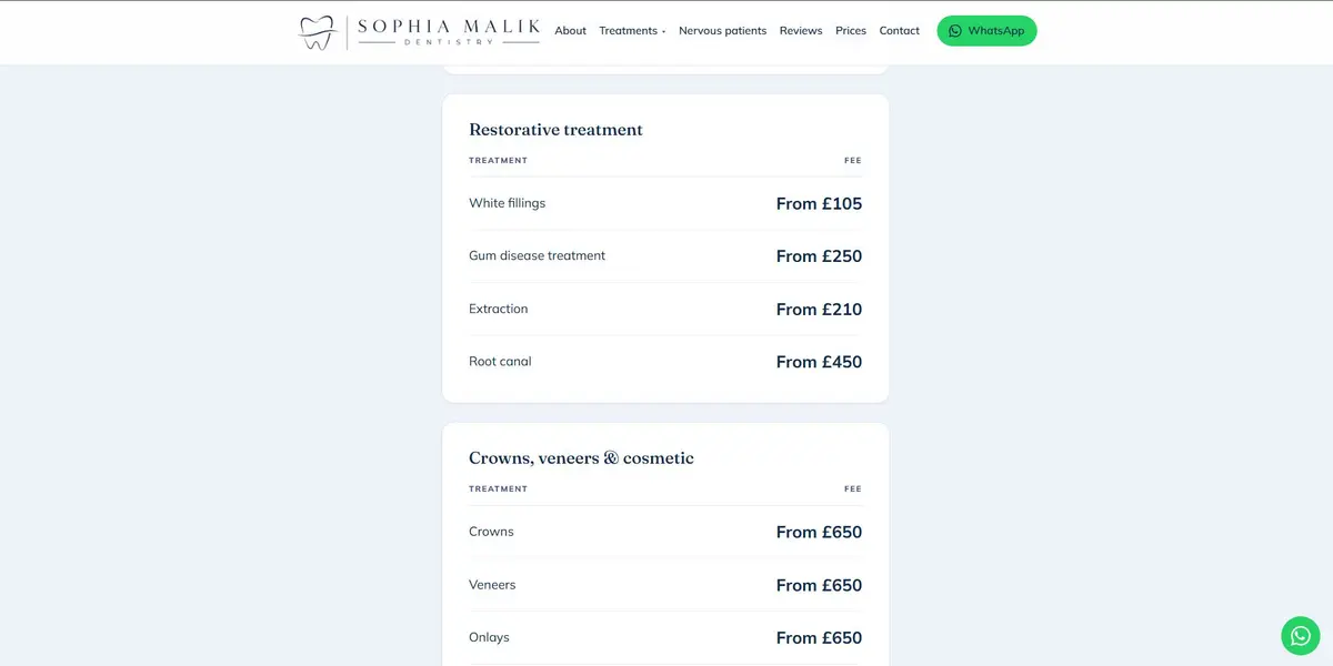 Sophia Malik Dentistry transparent price list showing restorative and cosmetic treatment fees