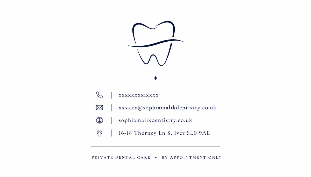 Sophia Malik Dentistry business card back — the tooth mark above contact details, with 'Private dental care · by appointment only'