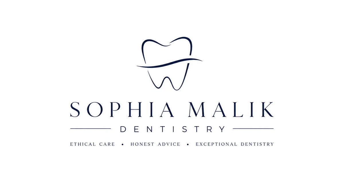 Sophia Malik Dentistry business card front — the navy tooth-mark logo centred on a clean white card