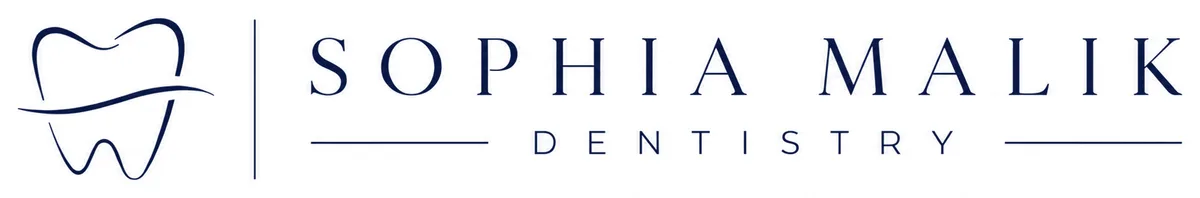 Sophia Malik Dentistry logo — a navy tooth mark beside the 'SOPHIA MALIK DENTISTRY' wordmark, horizontal lockup