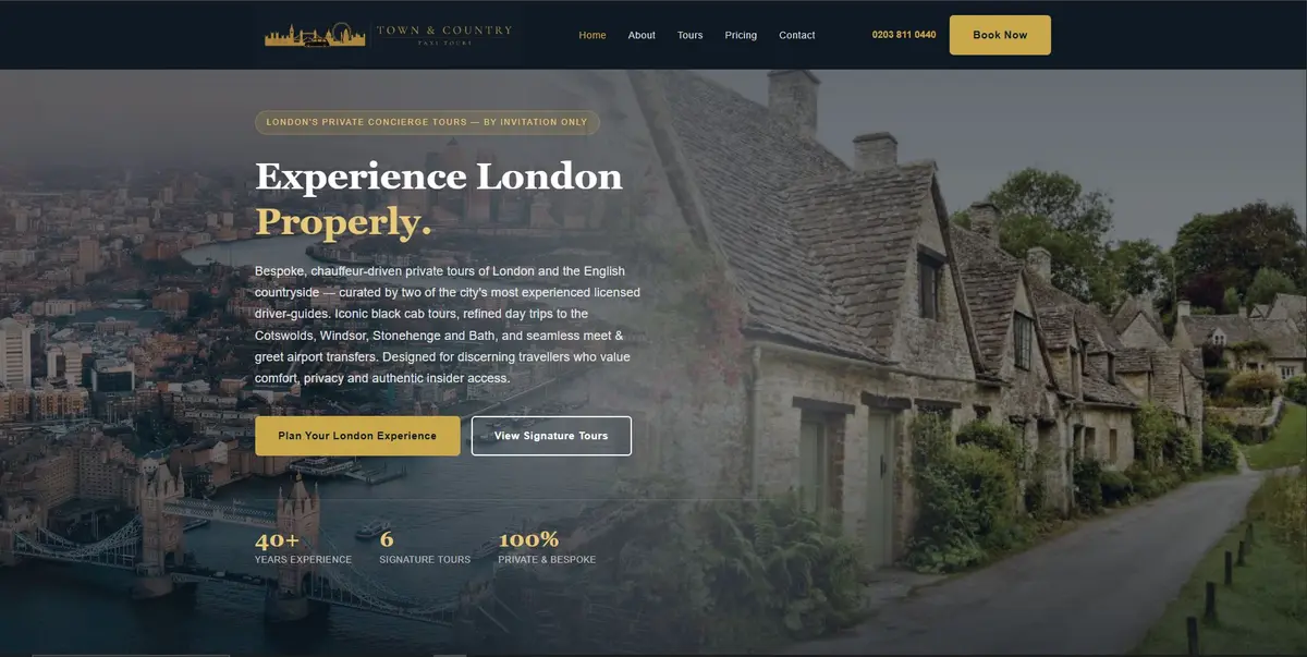 Town & Country Taxi Tours homepage hero — 'Experience London Properly' over a full-width image of the English countryside