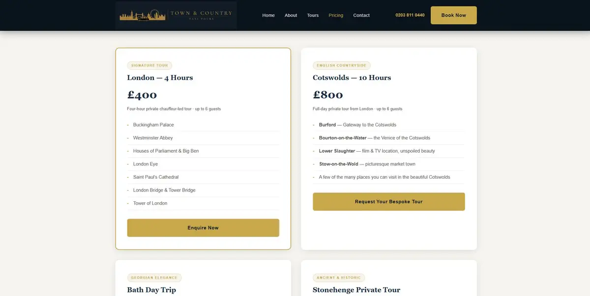 Town & Country Taxi Tours pricing section showing the London four-hour and Cotswolds ten-hour private tours