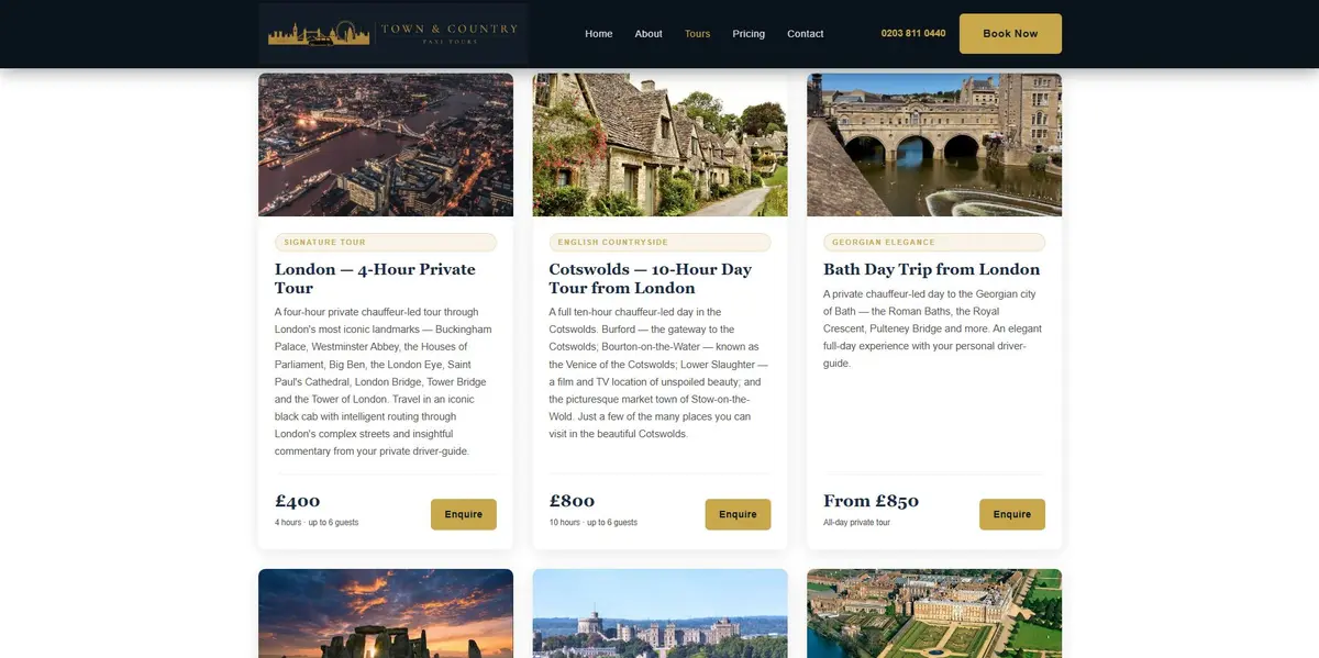 Town & Country Taxi Tours tour cards — London, Cotswolds and Bath private tours with descriptions and prices