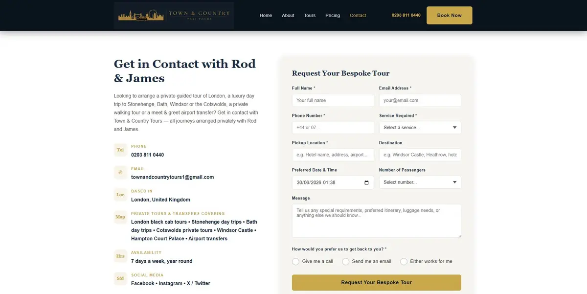 Town & Country Taxi Tours contact page with a detailed bespoke-tour enquiry form