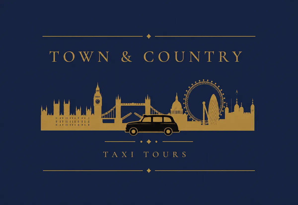 Town & Country Taxi Tours primary logo in gold on navy, with a London skyline and black cab above 'Taxi Tours'