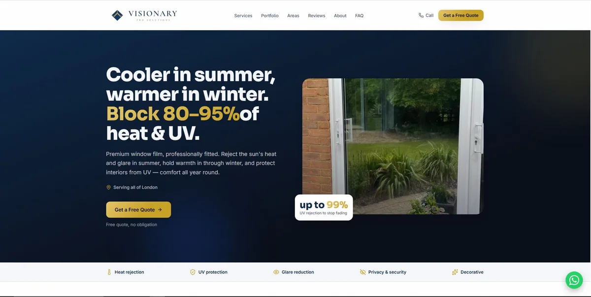 Visionary Pro Solutions homepage hero — 'Cooler in summer, warmer in winter. Block 80-95% of heat & UV' beside a photo of a window film install, with an 'up to 99% UV rejection' badge